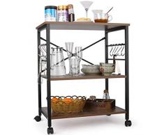Himimi Küchenregal Servierwagen mit 3 Ablagen Standregal Mikrowellenregal mit 10 Haken Küchenregallagerung Beistellwagen Dunkelbraun