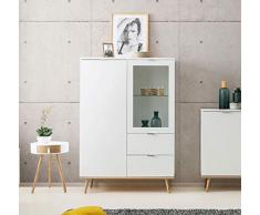lifestyle4living Highboard in weiß, Kommode mit Unterbau in Sonoma Eiche-Dekor, Füße in Esche massiv, Hochkommode mit viel Stauraum hinter 2 Türen und in 2 Schubladen