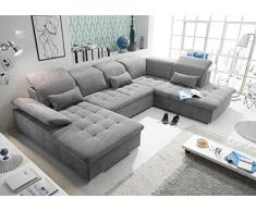 lifestyle4living Wohnlandschaft (XXL) mit Schlaffunktion & Bettkasten, Grau, Microvelourstoff | Gemütliches U-Sofa mit Kopfstützen & Armlehnenverstellung