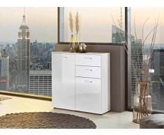 BMG Möbel Schubladen Kommode Sideboard Anrichte Marbella in Hochglanz Weiß - Höhe 91cm, Breite 88cm, Tiefe 32cm … (2 Türen 2 Schubkästen 88 cm breit)