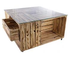 Vintage Möbel 24 GmbH 1x Schicker, geflammter Couchtisch mit Schublade, Rollen & Glasplatte, toll für Wohnzimmer/Garten/Terrasse, neu, 81x81x44cm