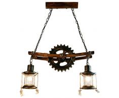 Retro Pendelleuchte Industrielle Loft Bar Hängeleuchte Kreativ Persönlichkeit Wohnzimmer aus Holz und Metall Pendellampe Höhenverstellbar Industrial Hängelampe für Esszimmer Wohnzimmer (Two heads)