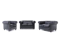 Original Chesterfield Sofas und Sessel - 1/2 / 2 Sitzer - Vollständig Handgewaschenes Leder – Schwarz