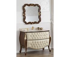 Waschtisch Kommode mit Spiegel Ramirez Englischer Barock Stil Badmöbel Set gewölbt walnuss und Blattgold Marmorplatte creme Kunstleder champagner Crystal Sw Knöpfe und Haken