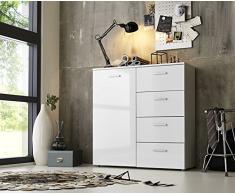 moebel-dich-auf Schubladen Kommode Sideboard Kommode Anrichte Mehrzweckschrank Highboard Schrank Malaga 2 mit Einer Tür und 4 Schubkästen in Hochglanz weiß
