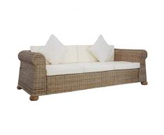 mewmewcat Sofa 3-Sitzer mit Polstern Couch Rattansofa Loungesofa Sitzmöbel Wohnzimmersofa Wohnmöbel Büromöbel Rattanmöbel Designersofa Natürliches Rattan 195 x 78 x 67 cm