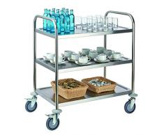 Tablecraft Servierwagen, Rollwagen, Küchenwagen, 3 Ablageflächen, 82 x 50 cm, 3-Etagen max. 150 kg Belastbarkeit, 4 fixierbare, leichtgängige Rollen, Edelstahl, Silber