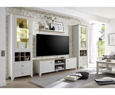 Beauty.Scouts Wohnwand Roma I - Set, Glasvitrinen, TV-Lowboard, Wandregal, Medienwand, Phono Möbel, Aufbewahrung, Landhausstil, Wohnzimmer, B/H/T: 287 ( 277) x 202 x 37 - 45 cm, in nebelgrau NB, Applikation eiche Camargue NB,