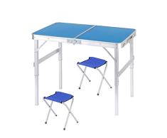 HAOT Camping Klapptisch Höhenverstellbarer multifunktionaler Klapptisch (90 x 60 x 34-70 cm) mit Griff Ideal für Picknick Garden Beach, 2 Stoffhocker, A.