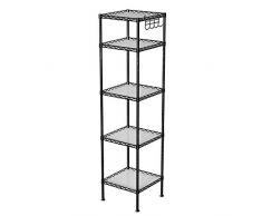 SONGMICS Badezimmerregal, Standregal aus Metall, robust, bis 100 kg belastbar, mit 5 PP-Platten, mit abnehmbaren Haken, 30 x 30 x 123,5 cm, erweiterbar, für kleine Räume, schwarz LGR23BK