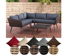 CLP Polyrattan Eck-Loungeset SKARA I Braun-meliert I Gartenlounge Rundrattan I Eckgarnitur & Glastisch I 5mm Rattandicke I 5 Sitzplätze 40 cm (Dunkelbraun), Eisengrau
