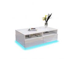 UNDRANDED Moderner Hochglanz Couchtisch 4 Schubladen mit Offener Fall Sofatisch für Wohnzimmermöbel 85 x 55 x 35 cm (Weiß mit LED Streifen)