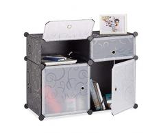 Relaxdays Regalsystem 4 Fächer, Standregal Kunststoff, Steckregal mit Türen, Badregal, HxBxT: 56 x 75 x 37 cm, schwarz