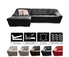 Cavadore Leder-Sofa Lucas / Ledercouch mit Steppung und Schlaffunktion / Longchair links / Inkl. Bett und Bettkasten Größe: 287 x 81 x 165 (BxHxT) / Leder schwarz