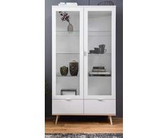 FINORI Vitrine Göteborg in matt weiß und Sonoma Eiche massiv Vitrinenschrank mit Massivholz skandinavisch 100 x 186 cm