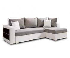Ecksofa Lord mit Regal und Schlaffunktion - Sofa mit Bettkasten, Schlafsofa, Polsterecke, Couch L-Form, Couchgarnitur, Sofagarnitur (Weiß + Grau (Dolaro 511 + Berlin 01), Ecksofa Rechts)
