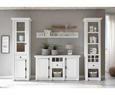 Dreams4Home Wohnwand Tinnum I - Set, Regalschrank, Vitrine, Sideboard, Wandregal, Medienwand, Phono Möbel, modern, Landhaus, Aufbewahrung, Wohnzimmer, Wohnwand, Anbauwand, B/H/T: 293 (273) x 207 x 17-45 cm, Pinie Weiss NB, Beleuchtung:ohne