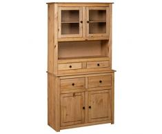 Festnight Highboard mit Offenem Fach, 4 Schubladen, 2 Türen und 2 Glastüren Anrichte Standschrank Sideboard Kommode Schrank 93×40,5×180 cm Kiefer Massivholz Panama Serie