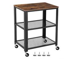 VASAGLE Servierwagen, Küchenwagen, Rollwagen, Küchenregal auf 4 Rollen, Stahlgestell, 3 Ablagen, für Küche und Wohnzimmer, Industrie-Design, vintagebraun-schwarz LRC78X