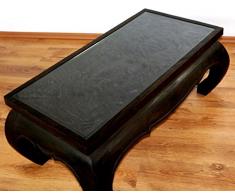 livasia Großer Opiumtisch mit Glasplatte, Couchtisch aus Massivholz, Sofatisch mit Elefantenschnitzerei