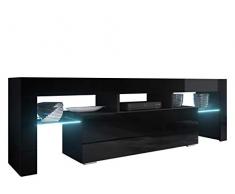 Mirjan24 TV Board Lowboard Toro 138, TV Lowboard mit Grifflose Öffnen, Unterschrank, Sideboard Mediaboard, Fernsehschrank, Mediaboard (mit Blauer LED Beleuchtung, Schwarz/Schwarz Hochglanz)