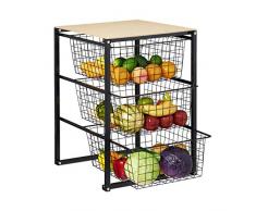 Relaxdays Korbregal Metall, Küchenregal mit 3 Gitter-Körben, Gemüseregal, H x B x T 69 x 47,5 x 53,5 cm, schwarz/Natur, 1 Stück