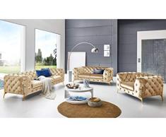 Designer Couchgarnitur 3-2-1-Sitzer Chesterfield Sofas Superior Samt-Stoff goldene Füße Knopfheftung Deluxe Möbel (Creme)