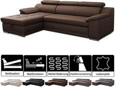 CAVADORE Schlafsofa Aniamo / Ledersofa in L-Form mit Bettfunktion, Stauraum, verstellbaren Kopfstützen und XL-Longchair / 270 x 80 x 165 / Kunstleder, Dunkelbraun