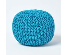 Homescapes Pouf Strickpouf rundes Bodenkissen, Sitzpouf 35 x 40 cm, gepolsterter Sitzhocker, Sitzpuff/Puff mit grob gestricktem Bezug aus 100% Baumwolle, Strickpuff, türkis/blaugrün