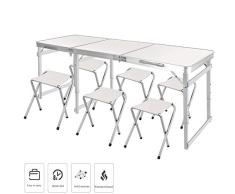 ZHENAI Campingtisch Klapptisch mit Sitz, Gartentisch Falttisch mit 6 Stühlen aus Stoffhocker faltbar höhenverstellbar, für Gartenparty/BBQ/Arbeit/Hausaufgaben - Indoor Outdoor (180 x 60 x 70 cm)