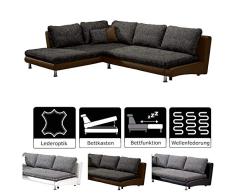 Cavadore Polsterecke Loungines / Sofaecke mit Schlaffunktion und Bettkasten im jungen und modernen Design / Eleganter Materialmix aus Strukturstoff und Kunstleder / Inkl. drei Rückenkissen / Ottomane links / 282 x 79 x 222 / Schwarz/Beige - Braun