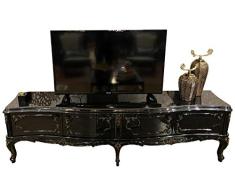 Casa Padrino Barock TV Schrank Schwarz/Antik Gold 222 x 50 x H. 62 cm - Edler Fernsehschrank mit 4 Türen und Glasplatte - Hochwertige Wohnzimmer Möbel im Barockstil