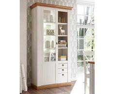 Lomadox Landhaus Vitrinenschrank in Pinie weiß, Wotan Eiche Nb. inkl. LED-Beleuchtung, B/H/T: 102/204/44cm