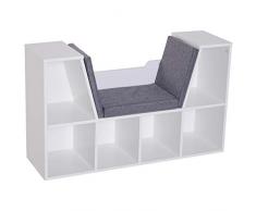 HOMCOM Bücherschrank Bücherregal mit Sitzkissen Standregal Regal mit Sitzbank Holz Leinen Weiß 102 x 30 x 61