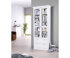 Landhaus Vitrine Ina mit 2 Glas-Rahmentüren (B/H/T: 80 x 200 x 45), weiß, Möbelgriffe antik