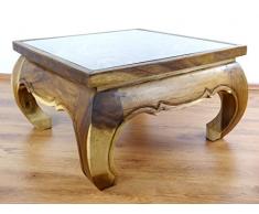 Großer Opiumtisch mit eleganter Elefantenschnitzerei, Asiatischer Couchtisch aus Massivholz, Opiumtisch der Marke Asia Wohnstudio
