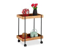 Relaxdays Servierwagen, Teewagen mit 2 Etagen, Bambus & Eisen, Beistelltisch mit Rollen, 57 x 46 x 28 cm, schwarz/natur