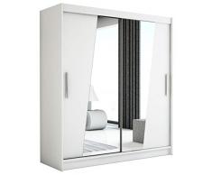Kryspol Schwebetürenschrank Rhomb 150 cm mit Spiegel Kleiderschrank mit Kleiderstange und Einlegeboden Schlafzimmer- Wohnzimmerschrank Schiebetüren Modern Design (Weiß)
