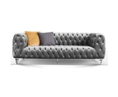 Moebella Designer Chesterfield Sofas Stoff Samt Acryl-Füße Kristall Klarglas-Optik Knopfheftung Möbel (Grau, 3-Sitzer)