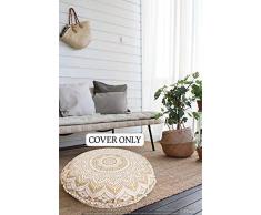 Ganesham Rundes Dekokissen im indischen Boho-Stil, Mandala, Tapisserie, Hippie, Rund, Sitzhocker, Ottoman, Mandala-Bodenkissen, 81 x 81 cm 80 cm weißgold