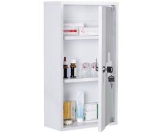 Wohnling Medizinschrank Ella Holz, 26 x 48 x 12 cm abschließbar mit 3 Fächern, Medikamentenschrank mit Glas-Tür, Erste Hilfe Arznei-Schrank mit Kreuz, Hausapotheke ohne Inhalt zur Wandmontage, weiß