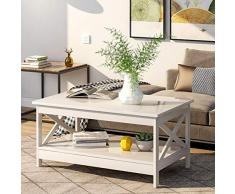 BTM Modernes X Design Wohnzimmer Couchtisch, Holz Beistelltisch mit Lagerregal (Weiß)