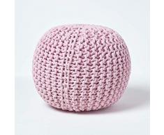 Homescapes Pouf Strickpouf rundes Bodenkissen, Sitzpouf 35 x 40 cm, gepolsterter Sitzhocker, Sitzpuff/Puff mit grob gestricktem Bezug aus 100% Baumwolle, Strickpuff, rosa/Hellrosa