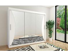 Kryspol Schwebetürenschrank Monaco 250 cm mit Spiegel Kleiderschrank mit Kleiderstange und Einlegeboden Schlafzimmer- Wohnzimmerschrank Schiebetüren Modern Design (Weiß)