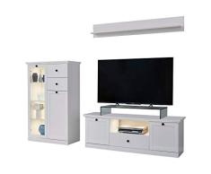 Newfurn Wohnwand Anbauwand Landhaus Wohnzimmerschrank Wohnlandschaft Mediawand Fernsehschrank II 235x129x 41 cm (BxHxT) II [Mikka.Seven] in Weiß Dekor/Weiß Dekor Wohnzimmer