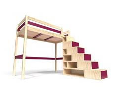 ABC MEUBLES - Hochbett Sylvia mit Treppenregal Holz - Cube - Naturlack/Plum, 90x200