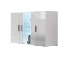 Furniture24 Kommode mit Blauer LED Beleuchtung SOHO S7 Sideboard Schrank Wohnzimmerschrank mit 3 Türen (Weiß/Weiß Hochglanz)