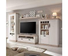 Pharao24 TV Anbauwand in Kiefer Weiß skandinavischen Landhausstil LED Beleuchtung Energieeffizienzklasse LED