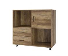 HOMECHO Büroschrank mobiler Aktenschrank Standschrank Druckerschrank Holz Rollcontainer mit 2 Schubladen Mehrzweckschrank Sideboard auf Rollen Industriedesign Vintage, Braun 75x39 x80cm