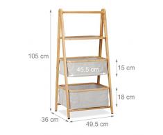 Relaxdays Klappregal Bambus mit 3 Ebenen, Ablage & Stoffkörbe, Korbregal faltbar, Holz, HBT: 105x49,5x36 cm, natur/grau